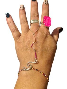 Silver Tidal Wave & Fuschia, Canary, Neon Coral,Black Glass Beaded Hand Chain